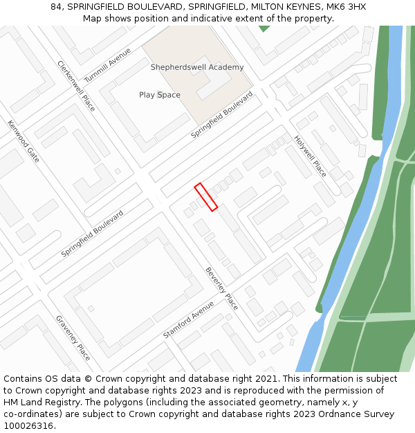 84, SPRINGFIELD BOULEVARD, SPRINGFIELD, MILTON KEYNES, MK6 3HX: Location map and indicative extent of plot