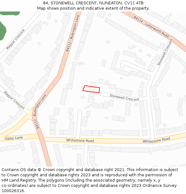 84, STONEWELL CRESCENT, NUNEATON, CV11 4TB: Location map and indicative extent of plot