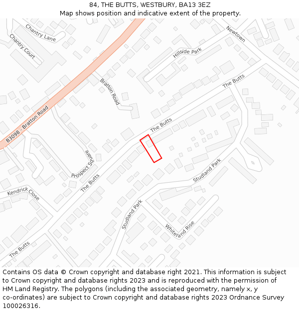 84, THE BUTTS, WESTBURY, BA13 3EZ: Location map and indicative extent of plot