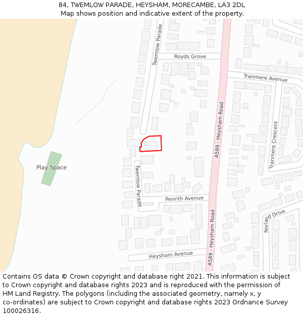 84, TWEMLOW PARADE, HEYSHAM, MORECAMBE, LA3 2DL: Location map and indicative extent of plot