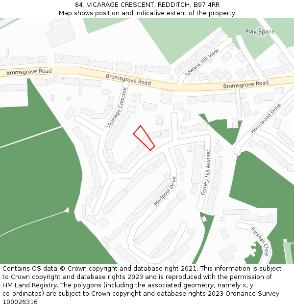 84, VICARAGE CRESCENT, REDDITCH, B97 4RR: Location map and indicative extent of plot