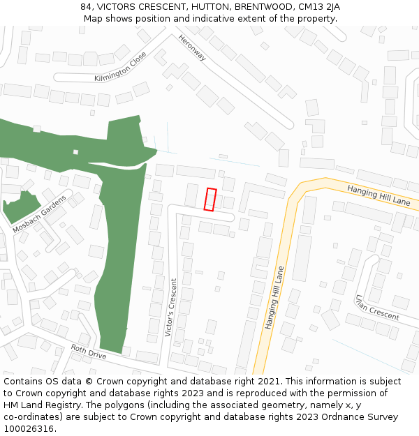 84, VICTORS CRESCENT, HUTTON, BRENTWOOD, CM13 2JA: Location map and indicative extent of plot