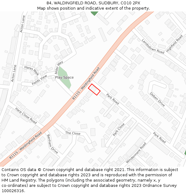 84, WALDINGFIELD ROAD, SUDBURY, CO10 2PX: Location map and indicative extent of plot