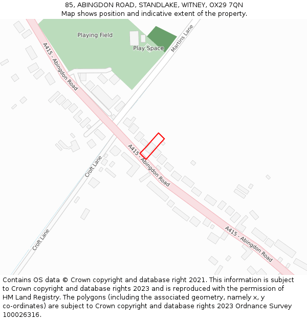 85, ABINGDON ROAD, STANDLAKE, WITNEY, OX29 7QN: Location map and indicative extent of plot