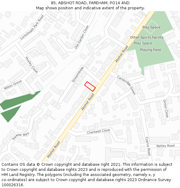 85, ABSHOT ROAD, FAREHAM, PO14 4ND: Location map and indicative extent of plot