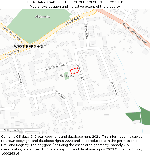 85, ALBANY ROAD, WEST BERGHOLT, COLCHESTER, CO6 3LD: Location map and indicative extent of plot