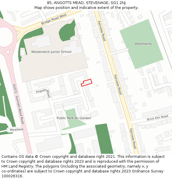 85, ANGOTTS MEAD, STEVENAGE, SG1 2NJ: Location map and indicative extent of plot