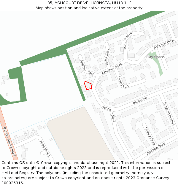 85, ASHCOURT DRIVE, HORNSEA, HU18 1HF: Location map and indicative extent of plot