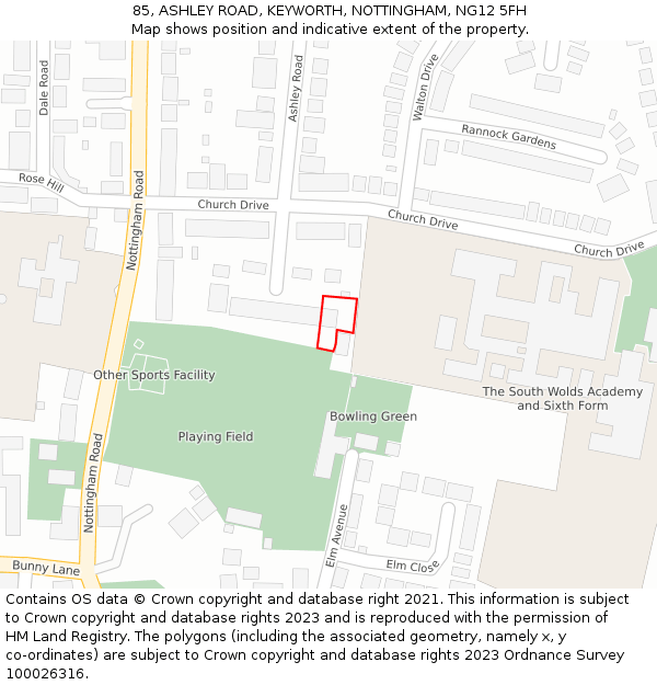 85, ASHLEY ROAD, KEYWORTH, NOTTINGHAM, NG12 5FH: Location map and indicative extent of plot