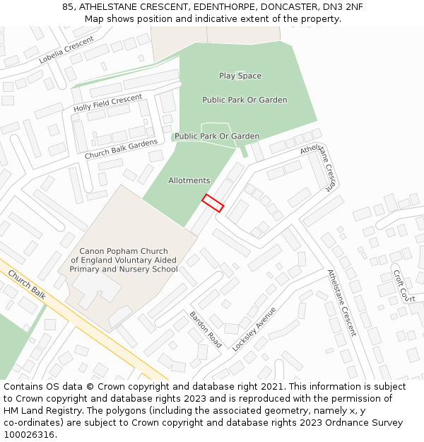 85, ATHELSTANE CRESCENT, EDENTHORPE, DONCASTER, DN3 2NF: Location map and indicative extent of plot
