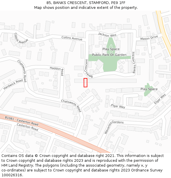 85, BANKS CRESCENT, STAMFORD, PE9 1FF: Location map and indicative extent of plot