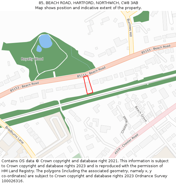 85, BEACH ROAD, HARTFORD, NORTHWICH, CW8 3AB: Location map and indicative extent of plot