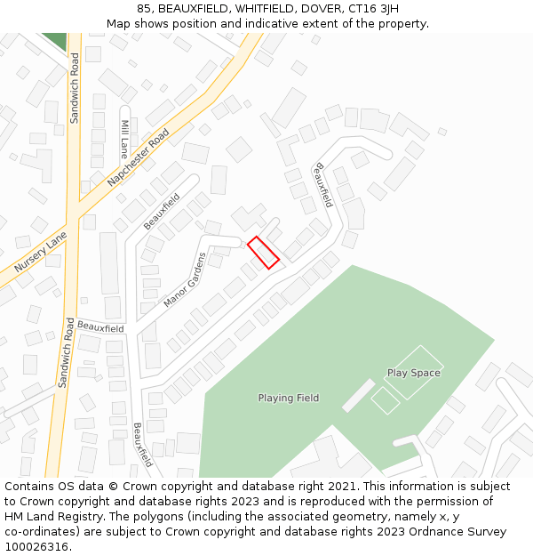 85, BEAUXFIELD, WHITFIELD, DOVER, CT16 3JH: Location map and indicative extent of plot