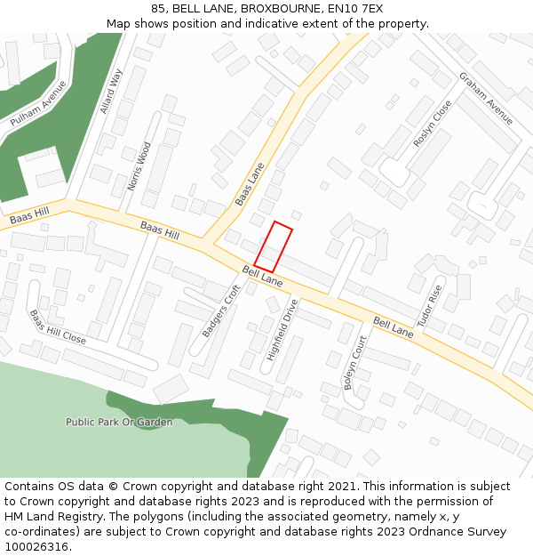 85, BELL LANE, BROXBOURNE, EN10 7EX: Location map and indicative extent of plot