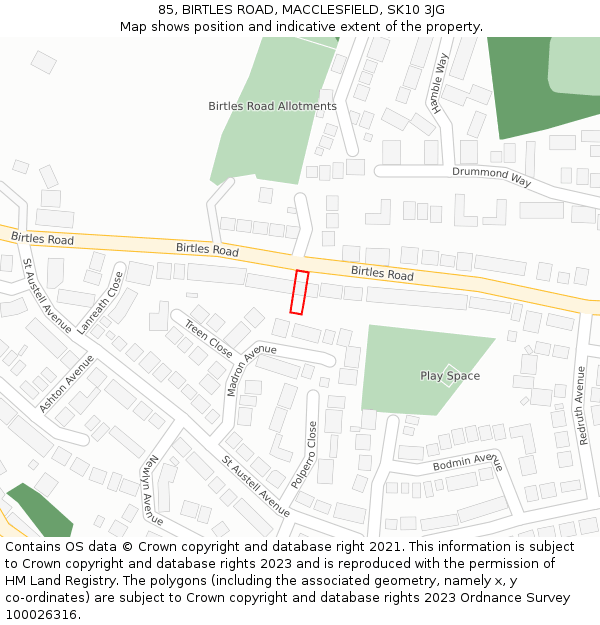 85, BIRTLES ROAD, MACCLESFIELD, SK10 3JG: Location map and indicative extent of plot