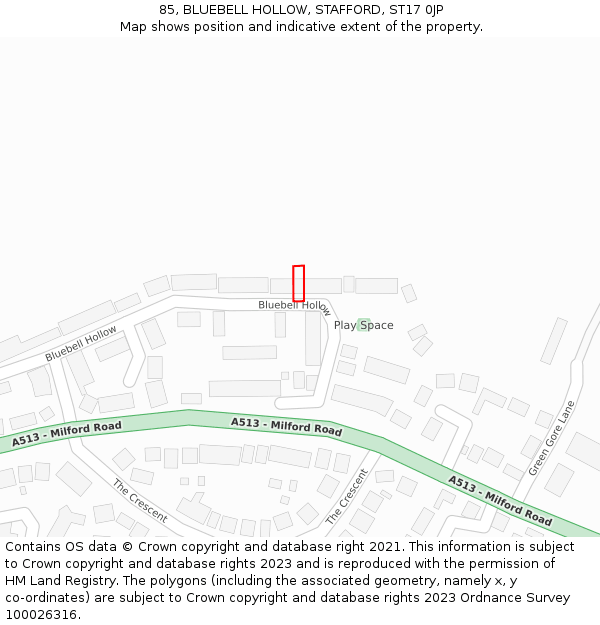 85, BLUEBELL HOLLOW, STAFFORD, ST17 0JP: Location map and indicative extent of plot