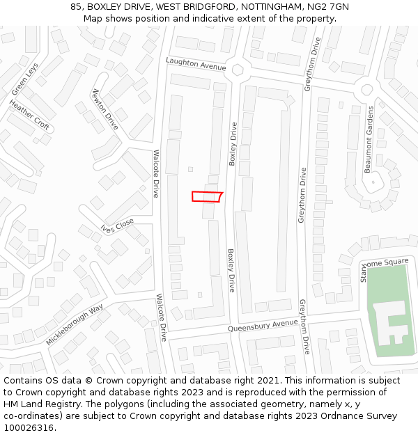 85, BOXLEY DRIVE, WEST BRIDGFORD, NOTTINGHAM, NG2 7GN: Location map and indicative extent of plot