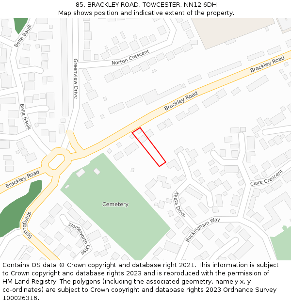 85, BRACKLEY ROAD, TOWCESTER, NN12 6DH: Location map and indicative extent of plot