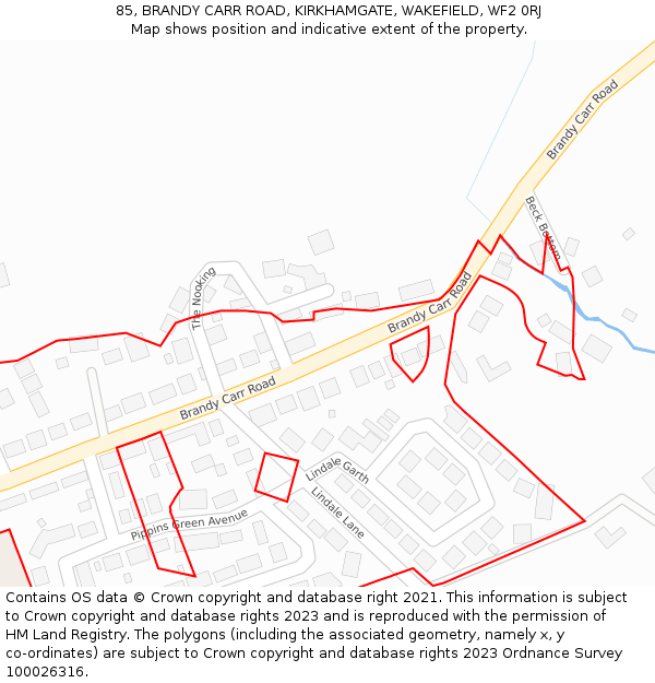 85, BRANDY CARR ROAD, KIRKHAMGATE, WAKEFIELD, WF2 0RJ: Location map and indicative extent of plot