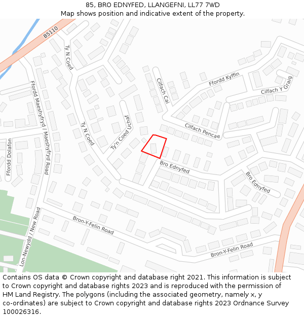 85, BRO EDNYFED, LLANGEFNI, LL77 7WD: Location map and indicative extent of plot