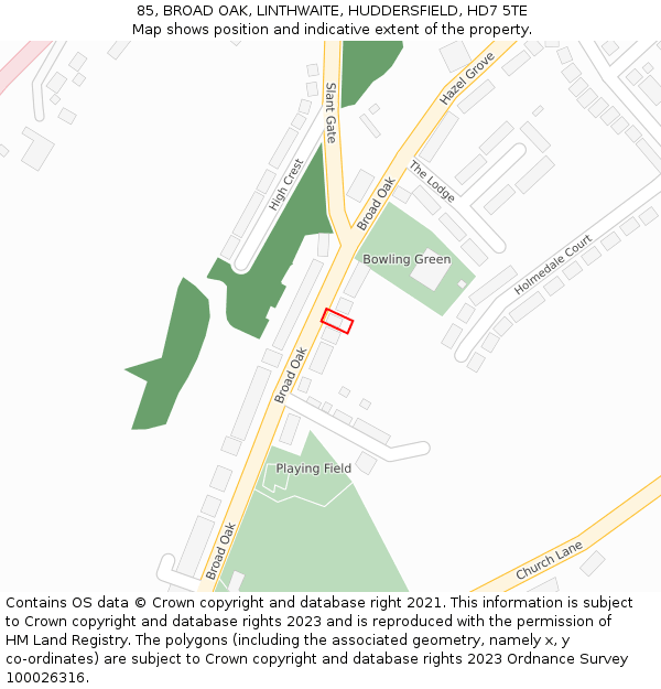 85, BROAD OAK, LINTHWAITE, HUDDERSFIELD, HD7 5TE: Location map and indicative extent of plot