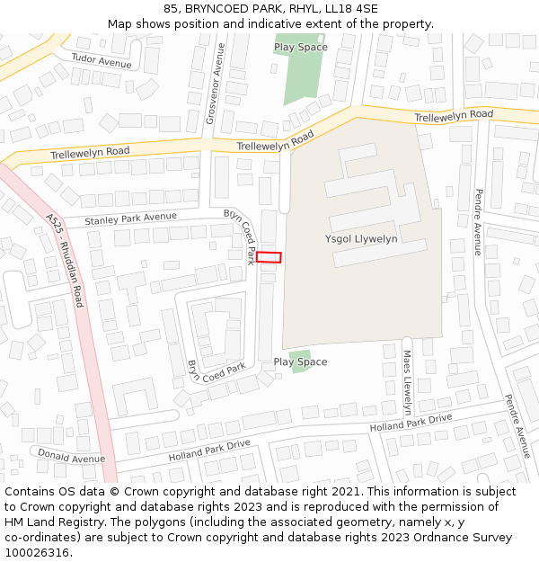 85, BRYNCOED PARK, RHYL, LL18 4SE: Location map and indicative extent of plot