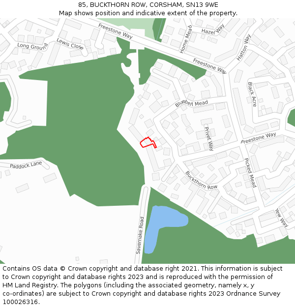 85, BUCKTHORN ROW, CORSHAM, SN13 9WE: Location map and indicative extent of plot