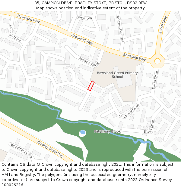 85, CAMPION DRIVE, BRADLEY STOKE, BRISTOL, BS32 0EW: Location map and indicative extent of plot