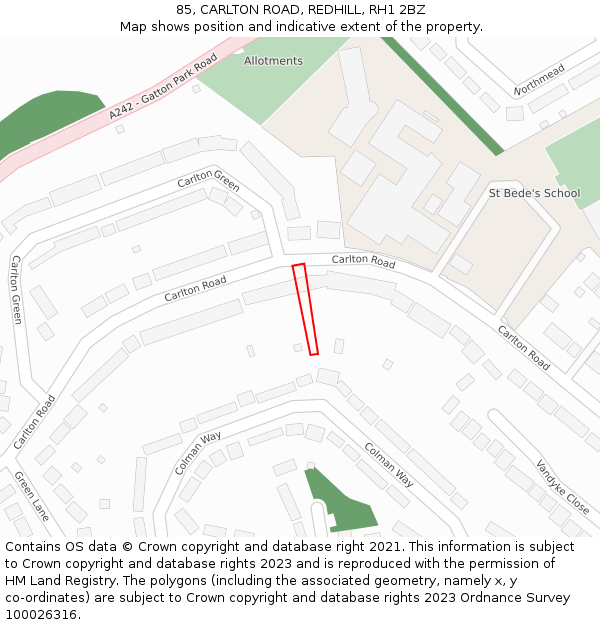 85, CARLTON ROAD, REDHILL, RH1 2BZ: Location map and indicative extent of plot