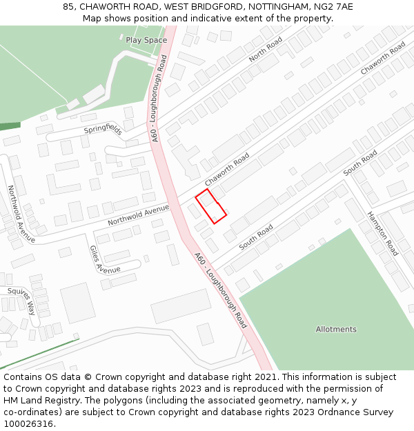 85, CHAWORTH ROAD, WEST BRIDGFORD, NOTTINGHAM, NG2 7AE: Location map and indicative extent of plot