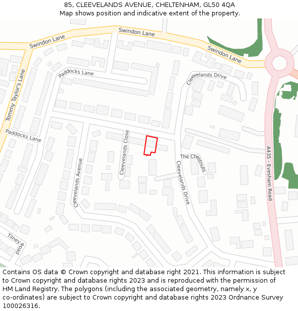 85, CLEEVELANDS AVENUE, CHELTENHAM, GL50 4QA: Location map and indicative extent of plot