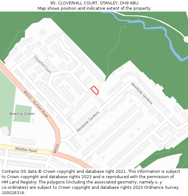 85, CLOVERHILL COURT, STANLEY, DH9 6BU: Location map and indicative extent of plot
