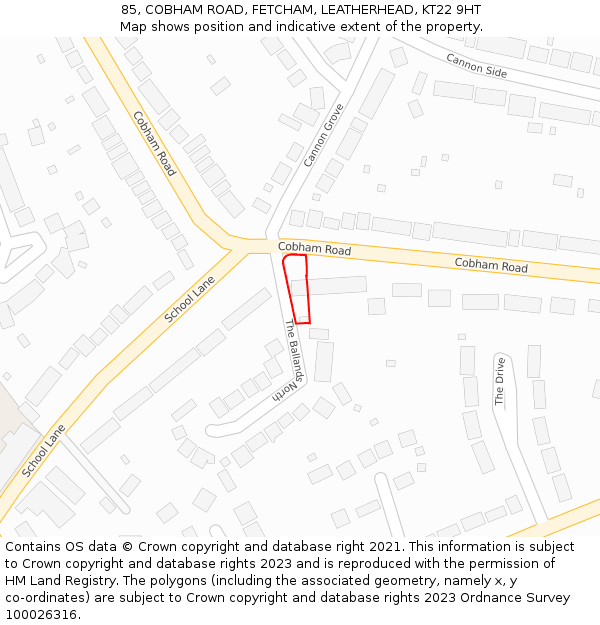 85, COBHAM ROAD, FETCHAM, LEATHERHEAD, KT22 9HT: Location map and indicative extent of plot