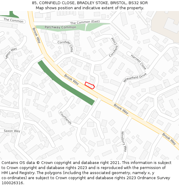 85, CORNFIELD CLOSE, BRADLEY STOKE, BRISTOL, BS32 9DR: Location map and indicative extent of plot