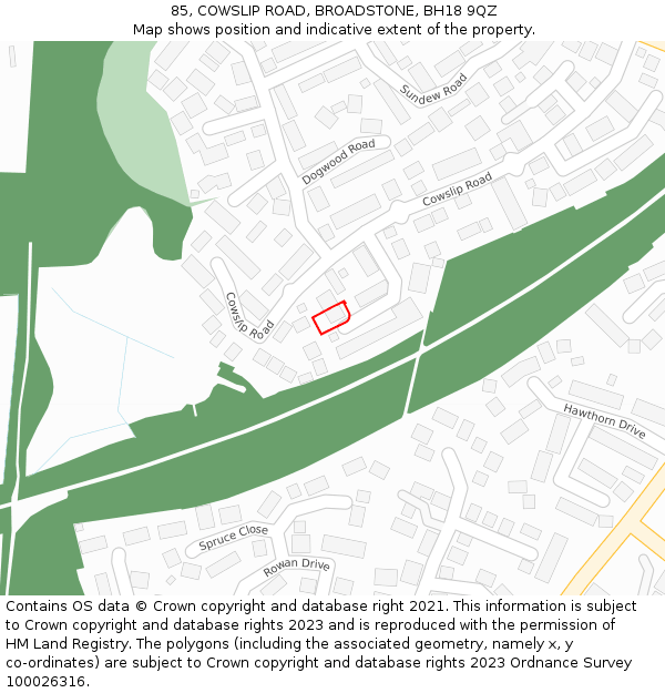 85, COWSLIP ROAD, BROADSTONE, BH18 9QZ: Location map and indicative extent of plot