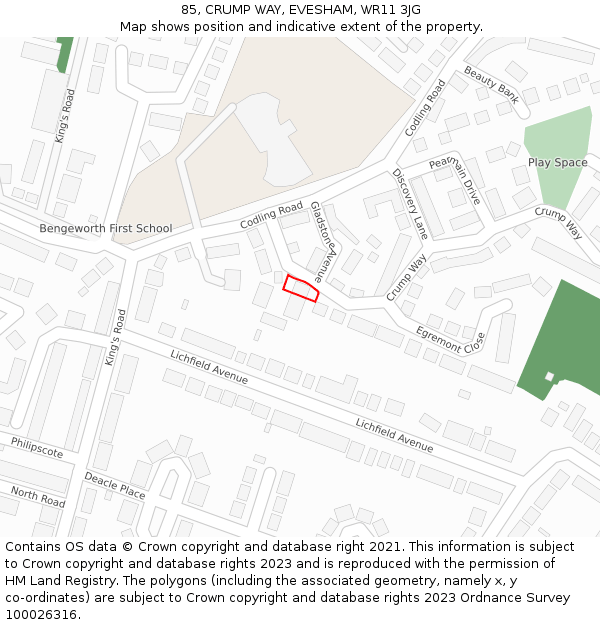 85, CRUMP WAY, EVESHAM, WR11 3JG: Location map and indicative extent of plot