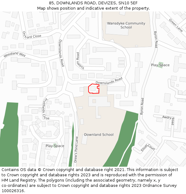 85, DOWNLANDS ROAD, DEVIZES, SN10 5EF: Location map and indicative extent of plot