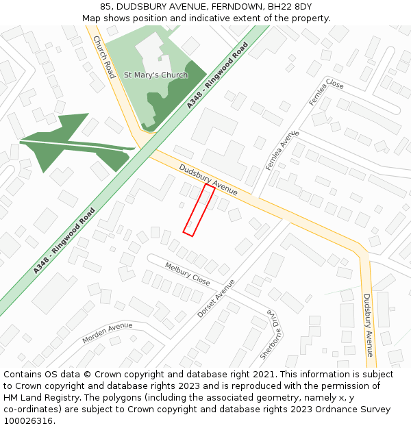 85, DUDSBURY AVENUE, FERNDOWN, BH22 8DY: Location map and indicative extent of plot