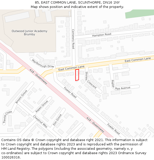 85, EAST COMMON LANE, SCUNTHORPE, DN16 1NY: Location map and indicative extent of plot