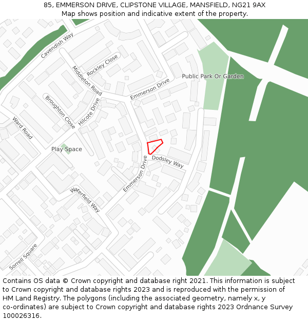 85, EMMERSON DRIVE, CLIPSTONE VILLAGE, MANSFIELD, NG21 9AX: Location map and indicative extent of plot