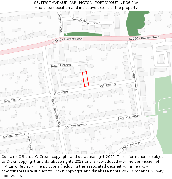 85, FIRST AVENUE, FARLINGTON, PORTSMOUTH, PO6 1JW: Location map and indicative extent of plot