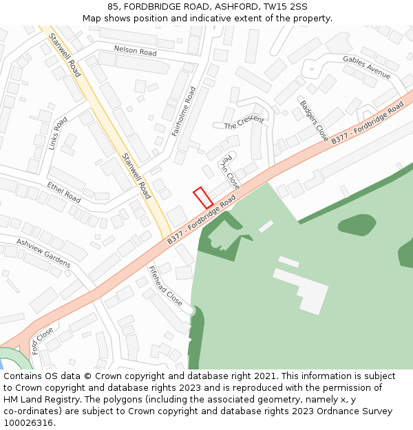 85, FORDBRIDGE ROAD, ASHFORD, TW15 2SS: Location map and indicative extent of plot