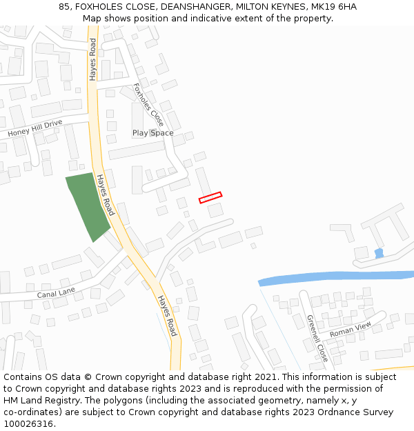 85, FOXHOLES CLOSE, DEANSHANGER, MILTON KEYNES, MK19 6HA: Location map and indicative extent of plot