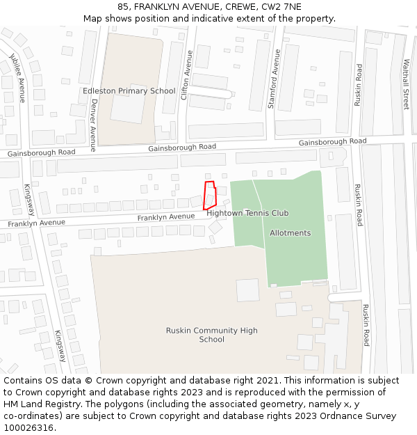 85, FRANKLYN AVENUE, CREWE, CW2 7NE: Location map and indicative extent of plot