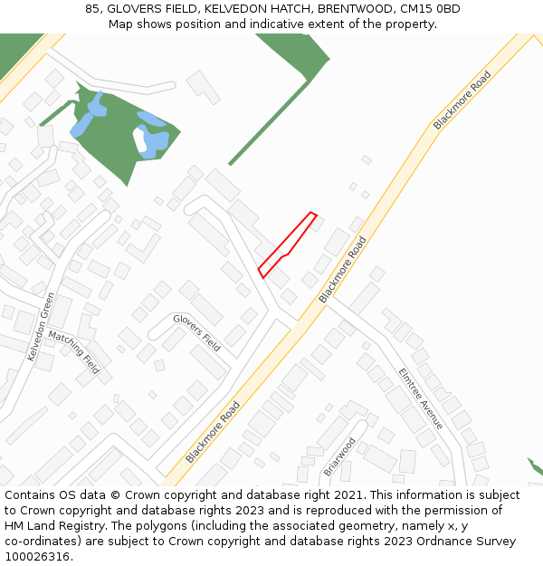 85, GLOVERS FIELD, KELVEDON HATCH, BRENTWOOD, CM15 0BD: Location map and indicative extent of plot