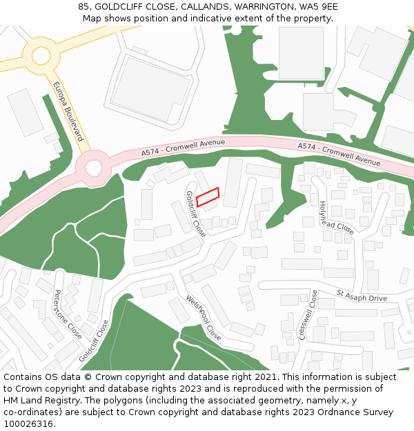 85, GOLDCLIFF CLOSE, CALLANDS, WARRINGTON, WA5 9EE: Location map and indicative extent of plot