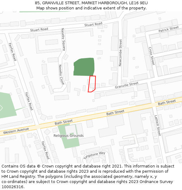 85, GRANVILLE STREET, MARKET HARBOROUGH, LE16 9EU: Location map and indicative extent of plot