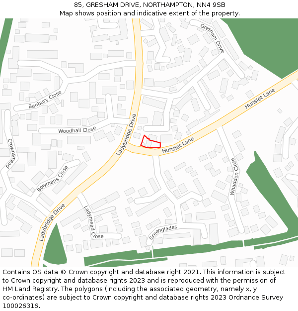 85, GRESHAM DRIVE, NORTHAMPTON, NN4 9SB: Location map and indicative extent of plot