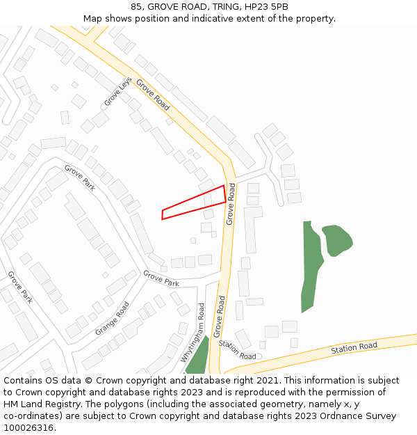 85, GROVE ROAD, TRING, HP23 5PB: Location map and indicative extent of plot