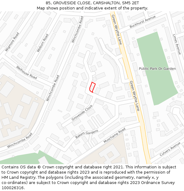 85, GROVESIDE CLOSE, CARSHALTON, SM5 2ET: Location map and indicative extent of plot